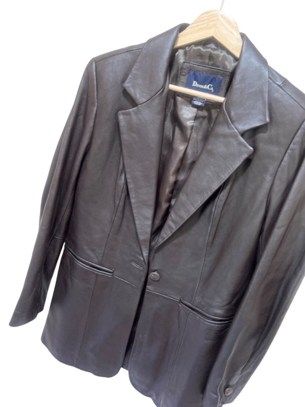 Denim & Co. Womens Dark Brown 100% Leather Blazer Jacket Size Small Button Closu